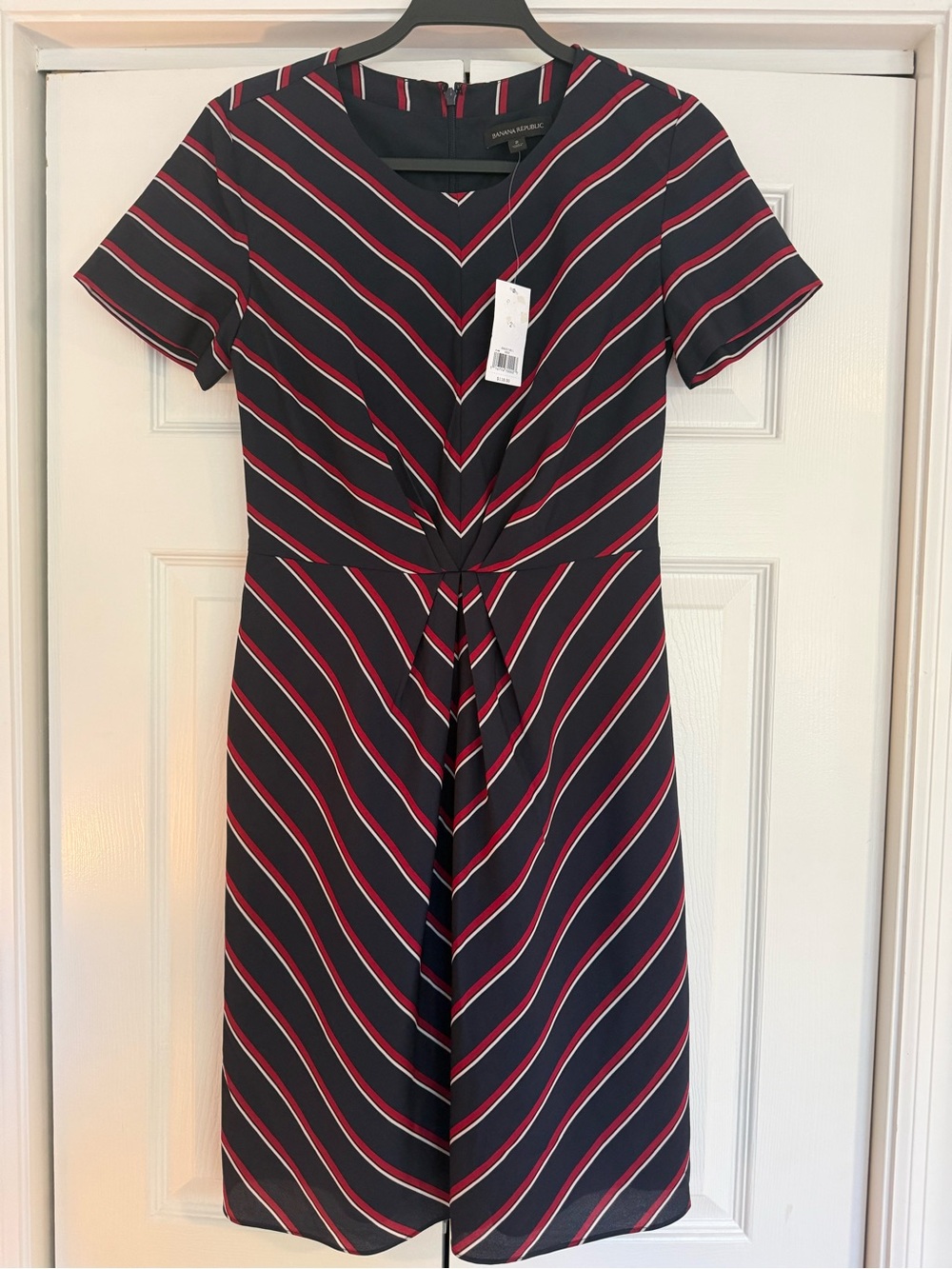 Banana Republic Navy and Red Striped Short-Sleeve Sheath Dress